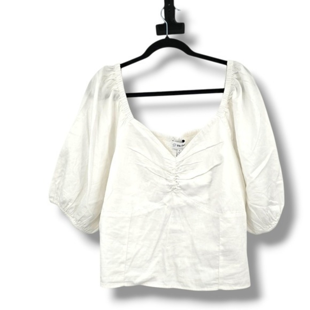 New The Drop Annie Smocked Back Top White Square Neck Puff Sleeve 2X